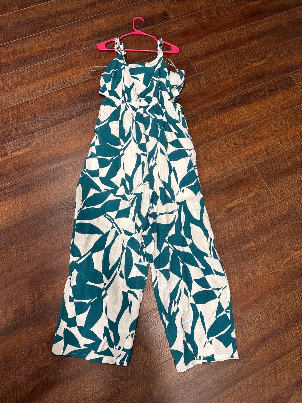 Teal and Cream Leaf-Print Wide-Leg Jumpsuit with side cut outs